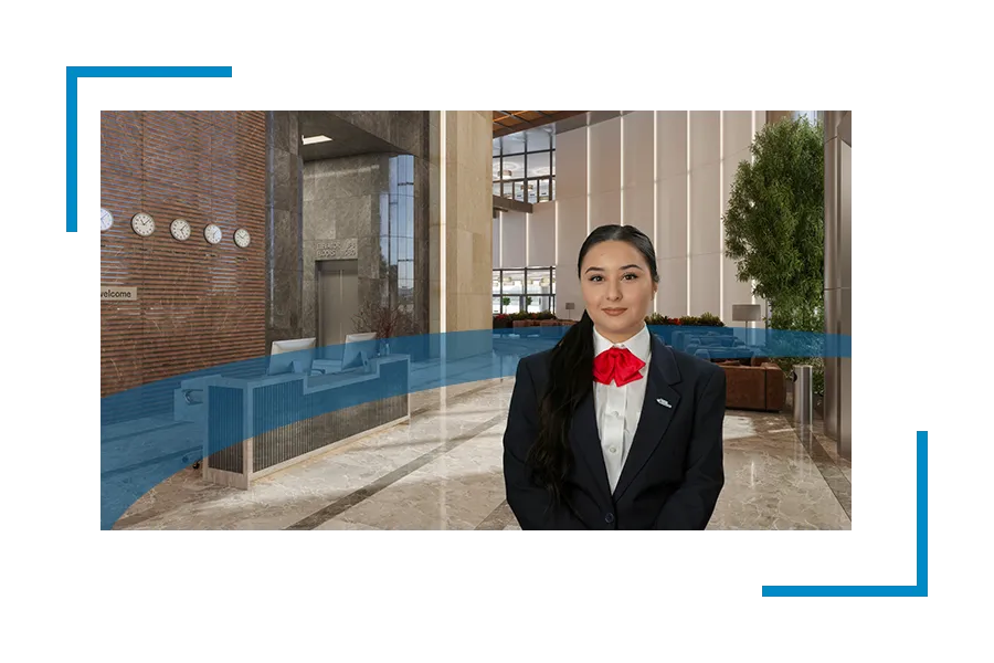 Women standing in a building lobby